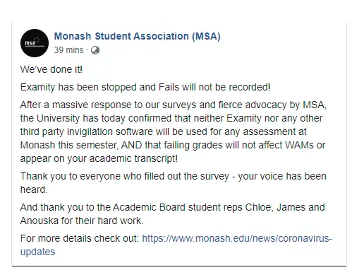 莫纳什宣布本学期不会记录挂科成绩，提供1500万澳元补贴来支援受疫情影响的学生