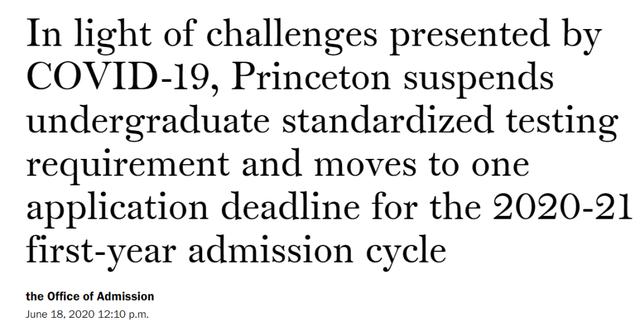 普林斯顿大学：暂停SAT/ACT标化要求/取消2020-2021年早申请